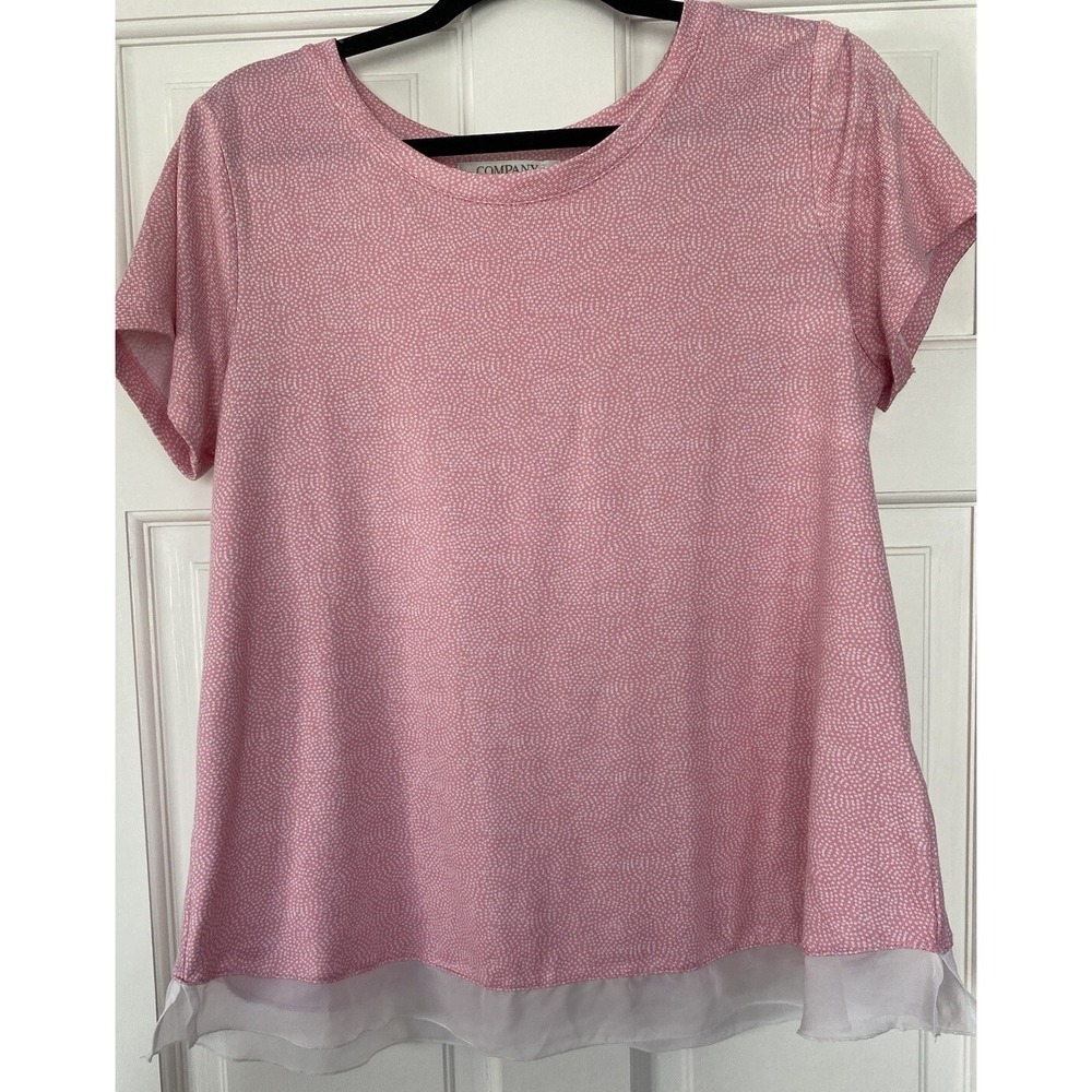 Company Ellen Tracy Women's Pink Patterned Shirt White Ruffle Short Sleeve SZ M